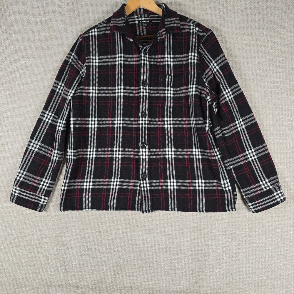 Express Womens Black Red Plaid Cotton Flannel Button Down Shirt Size Large